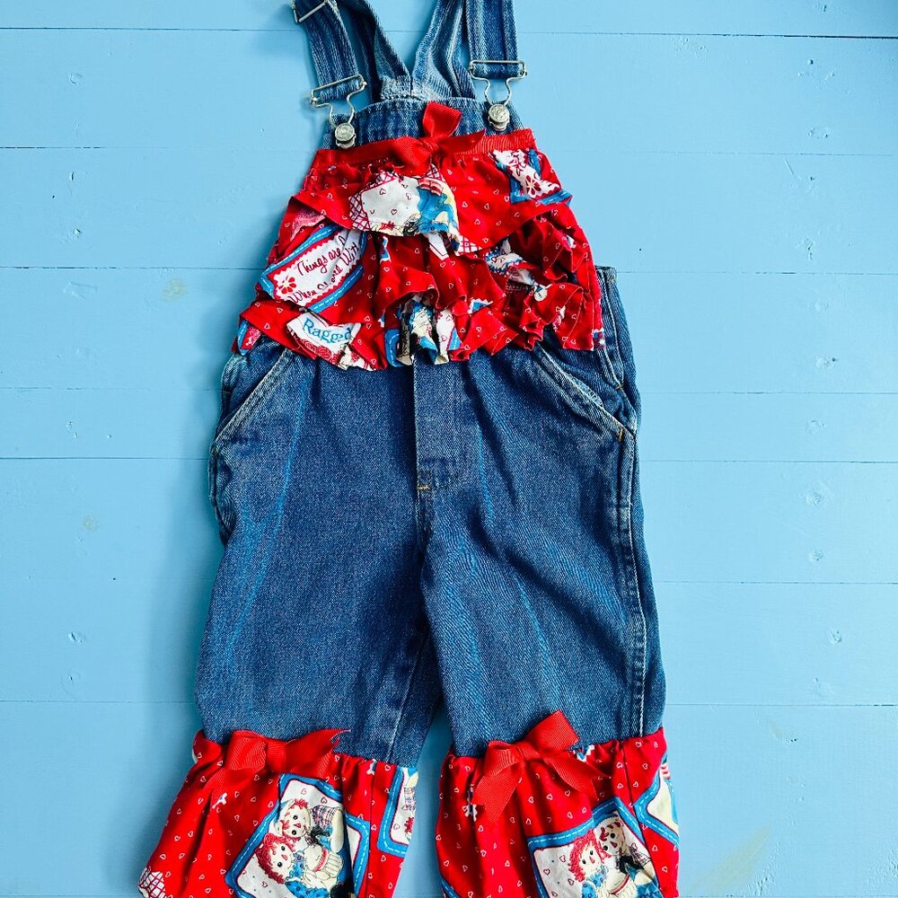 Vintage Raggedy Ann and Andy Overalls, Denim Overalls with Ruffled Hems and Bows